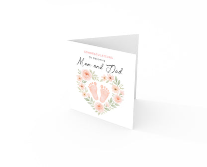 Personalised New Baby Girl Card – Congratulations On Becoming Mum & Dad, Auntie & Uncle, Grandpa & Grandma – Floral Baby Feet design - Pink Envelope Included