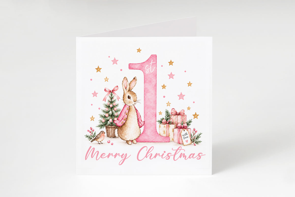 1st Christmas Card for Baby Girls – Cute Pink Rabbit and Number 1