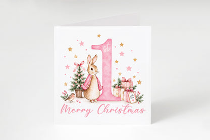 1st Christmas Card for Baby Girls – Cute Pink Rabbit and Number 1