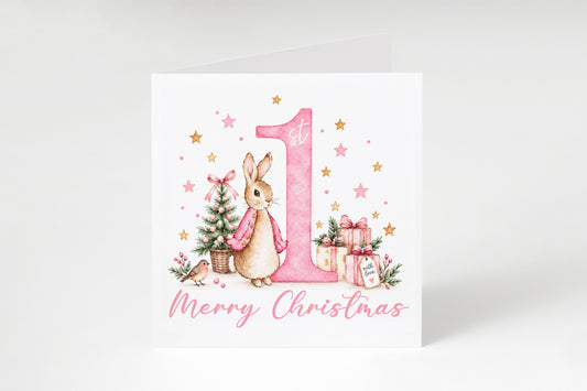 1st Christmas Card for Baby Girls – Cute Pink Rabbit and Number 1