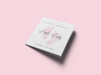 New Baby Girl Card Congratulations for Newborn Girl, Welcome To The World Card, Baby Shower for Daughter, Granddaughter, Niece, Little One - Baby Feet Design - Pink Envelope Included
