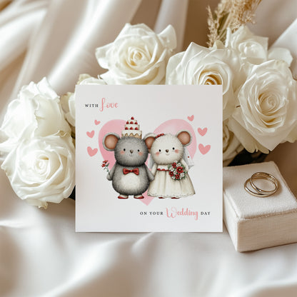 Cute Mouse Wedding Card – Wedding Congratulations Card – Adorable Animal Wedding Card – Romantic Wedding Day Card for Newlywed couples, Animal Lovers, Him or Her – Pink Envelope Included