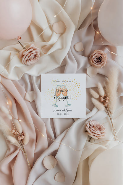 Personalised Engagement Card with Custom Couple's Name & Date – You’re Engaged Champagne Toast Design - Congratulations Card for Couples, Him or Her - Kraft Envelope Included