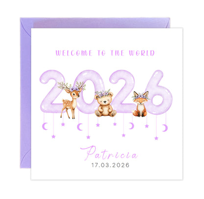 2026 Personalised New Baby Girl Card Congratulations for Newborn Daughter, Granddaughter, Niece, Welcome To The World Card  - Woodland Animals Design with Custom Name and Date with Purple Envelope
