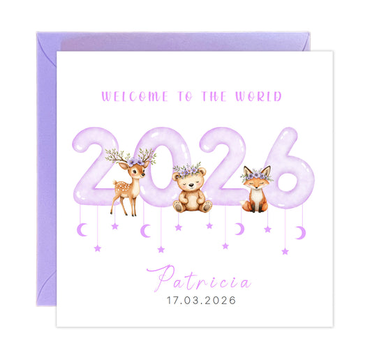2026 Personalised New Baby Girl Card Congratulations for Newborn Daughter, Granddaughter, Niece, Welcome To The World Card  - Woodland Animals Design with Custom Name and Date with Purple Envelope