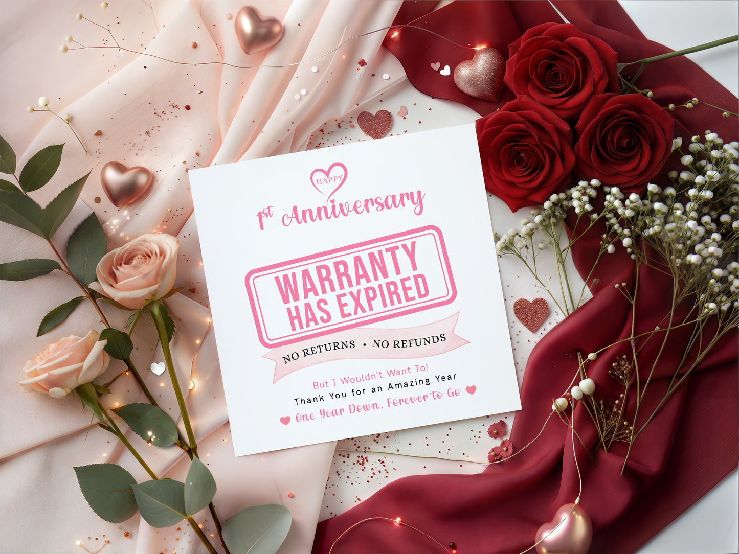 Funny 1st Anniversary Card- Warranty Has Expired - First Wedding Anniversary Card – No Returns No Refunds Joke Card for Wife, Husband, Her, Him, Relationship Milestones - Pink Envelope Included