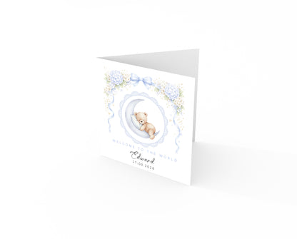 Personalised New Baby Boy Card Congratulations for Newborn Son, Grandson, Nephew, Welcome To The World Card - Cute Teddy Bear Moon Design with Custom Name and Date - Blue Envelope Included