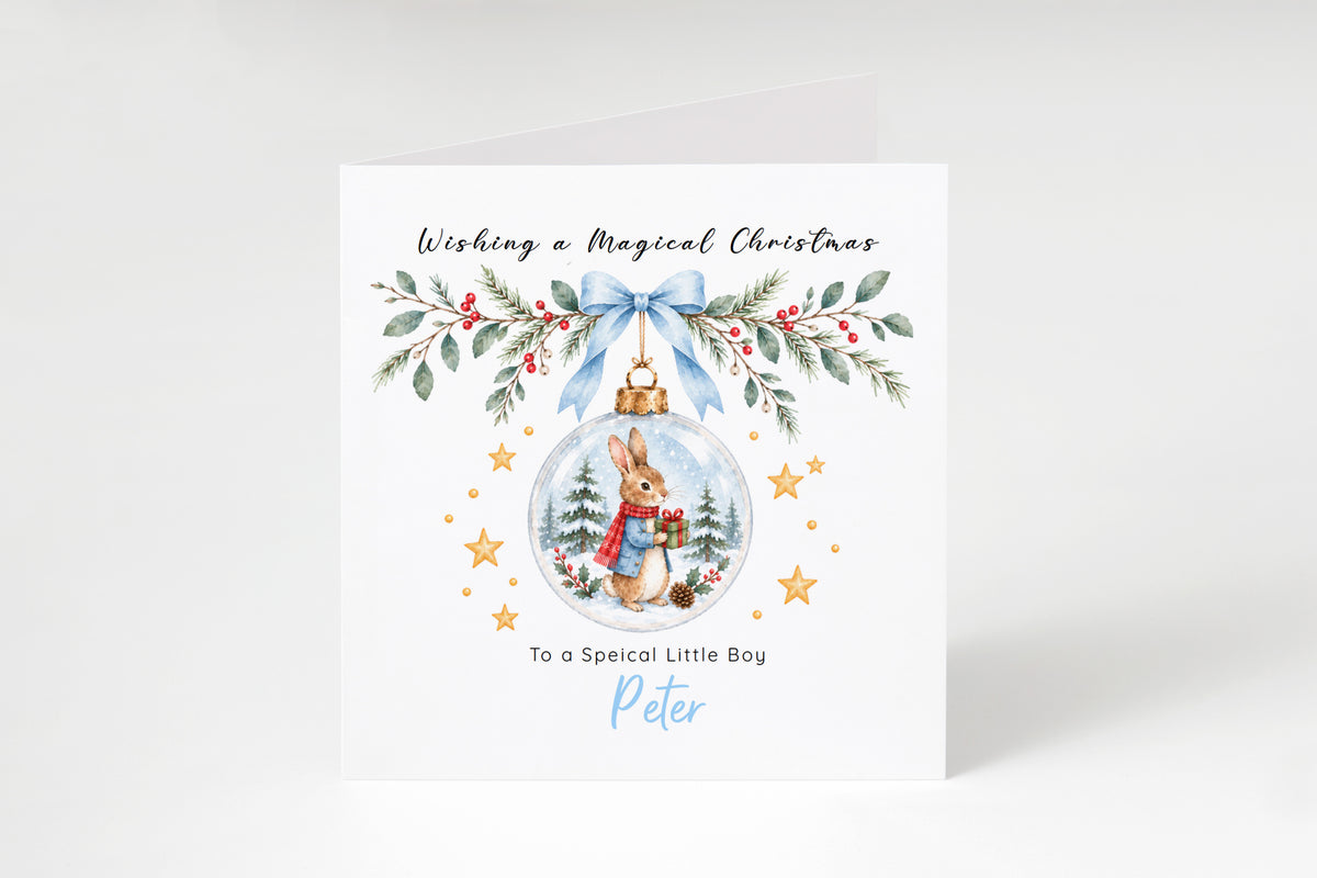 Personalised Christmas Card for Boys – Bunny in a Christmas Bauble