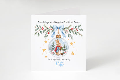 Personalised Christmas Card for Boys – Bunny in a Christmas Bauble