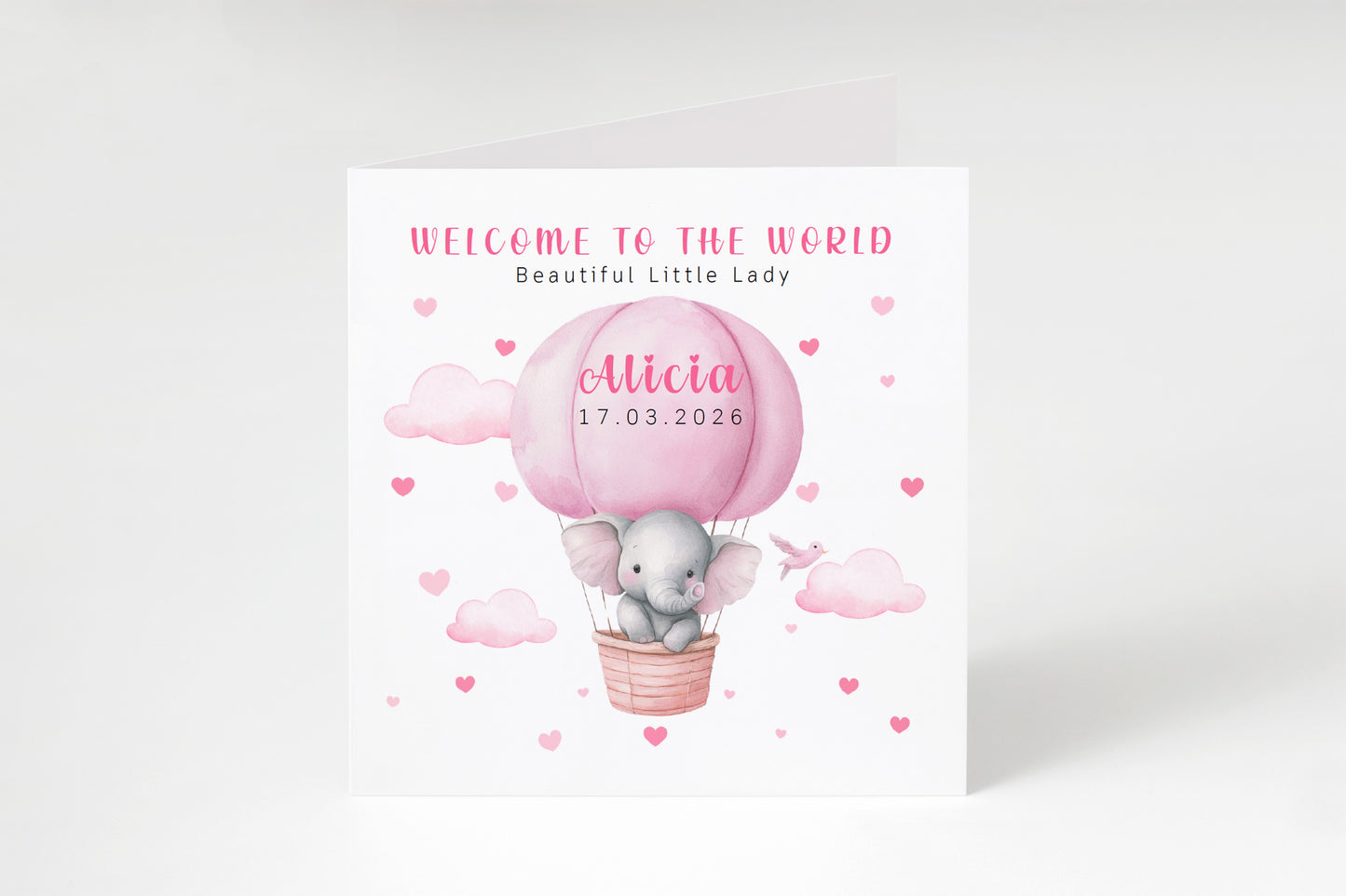 Personalised New Baby Girl Card Congratulations for Newborn Daughter, Granddaughter, Niece - Welcome To The World Card with Elephant and Hot Air Balloon Design - Custom Name & Date with Pink Envelope