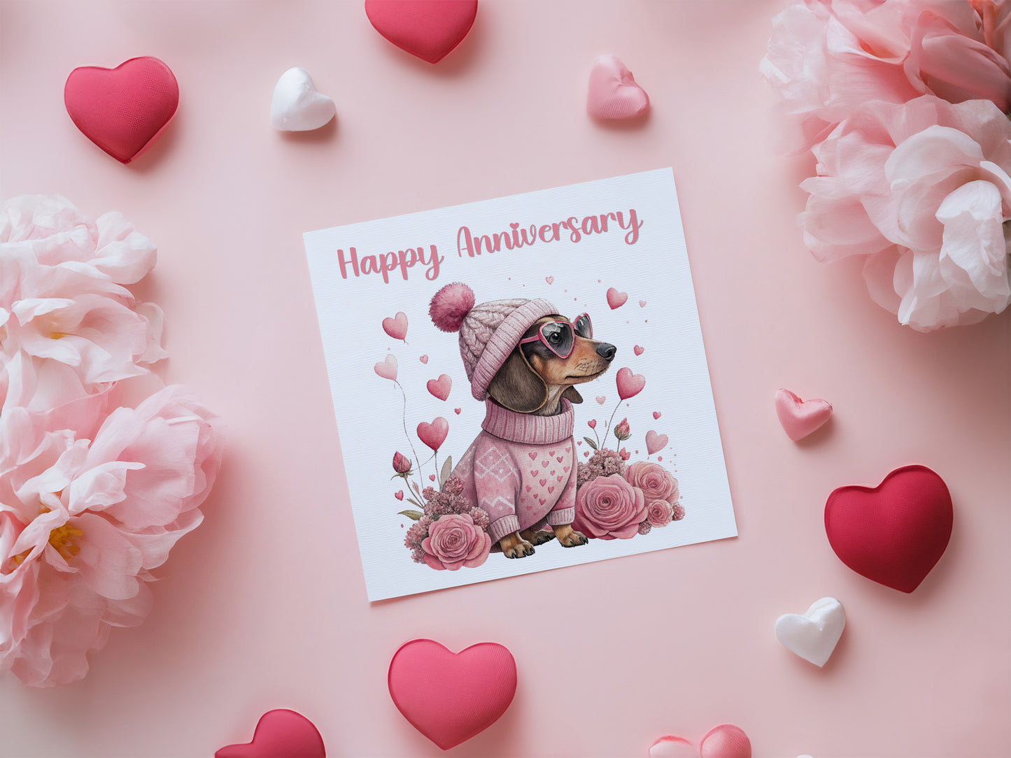 Pink Dachshund Anniversary Card - Cute Sausage Dog Design for Wedding, Dating, Relationship Milestones –1st, 2nd, 3rd, 5th, 10th, 20th - For Dog Lovers, Him, Her, Wife, Husband, Couples