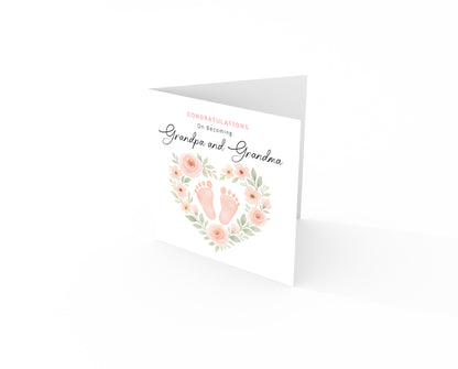 Personalised New Baby Girl Card – Congratulations On Becoming Mum & Dad, Auntie & Uncle, Grandpa & Grandma – Floral Baby Feet design - Pink Envelope Included