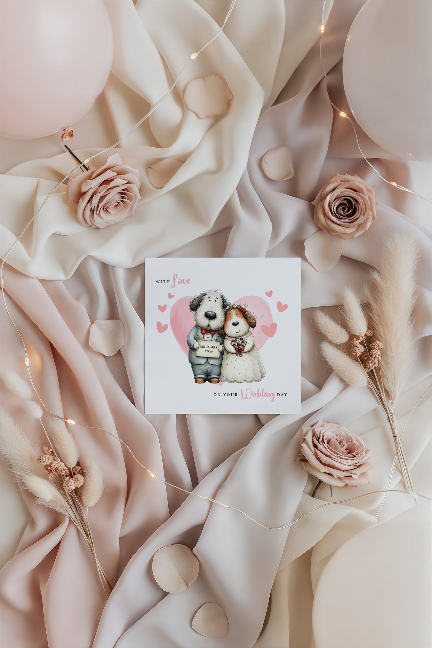 Cute Dog Wedding Card – Wedding Congratulations Card – Adorable Animal Wedding Card – Romantic Wedding Day Card for Newlywed couples, Dog Lovers, Him or Her – Pink Envelope Included