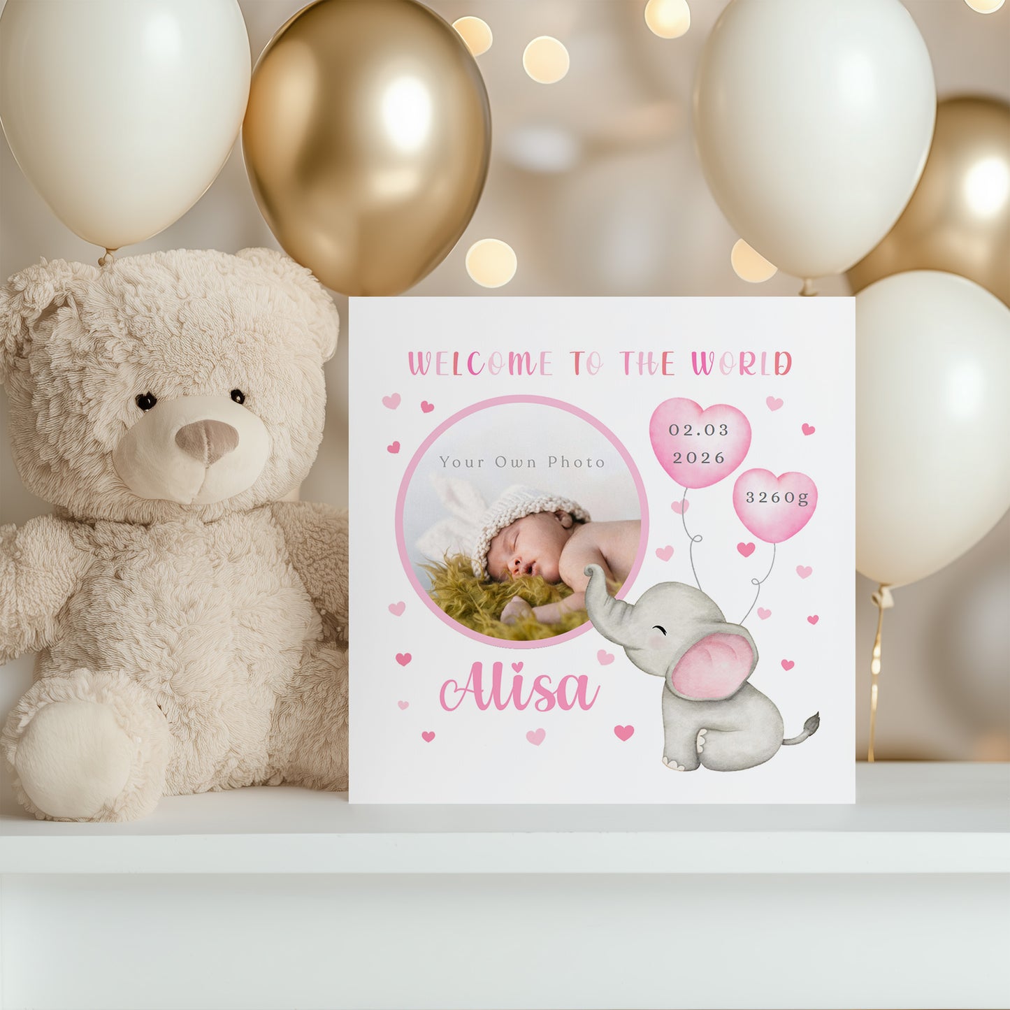 Personalised Phoro New Baby Girl Card Congratulations for Newborn Daughter, Granddaughter, Niece - Welcome To The World Card - Custom Photo Frame with Name, Birth Date & Weight with Pink Envelope