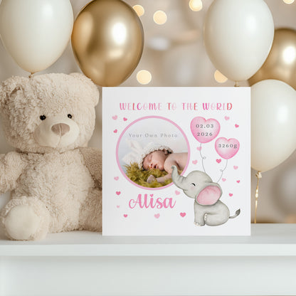 Personalised Phoro New Baby Girl Card Congratulations for Newborn Daughter, Granddaughter, Niece - Welcome To The World Card - Custom Photo Frame with Name, Birth Date & Weight with Pink Envelope