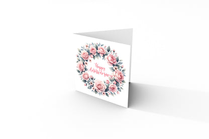 Elegant Floral Happy Anniversary Card - Romantic Pink Rose Wreath Design for Wedding, Dating, Relationship Milestones –1st, 2nd, 3rd, 5th, 10th, 20th - For Him, Her, Wife, Husband, Couples