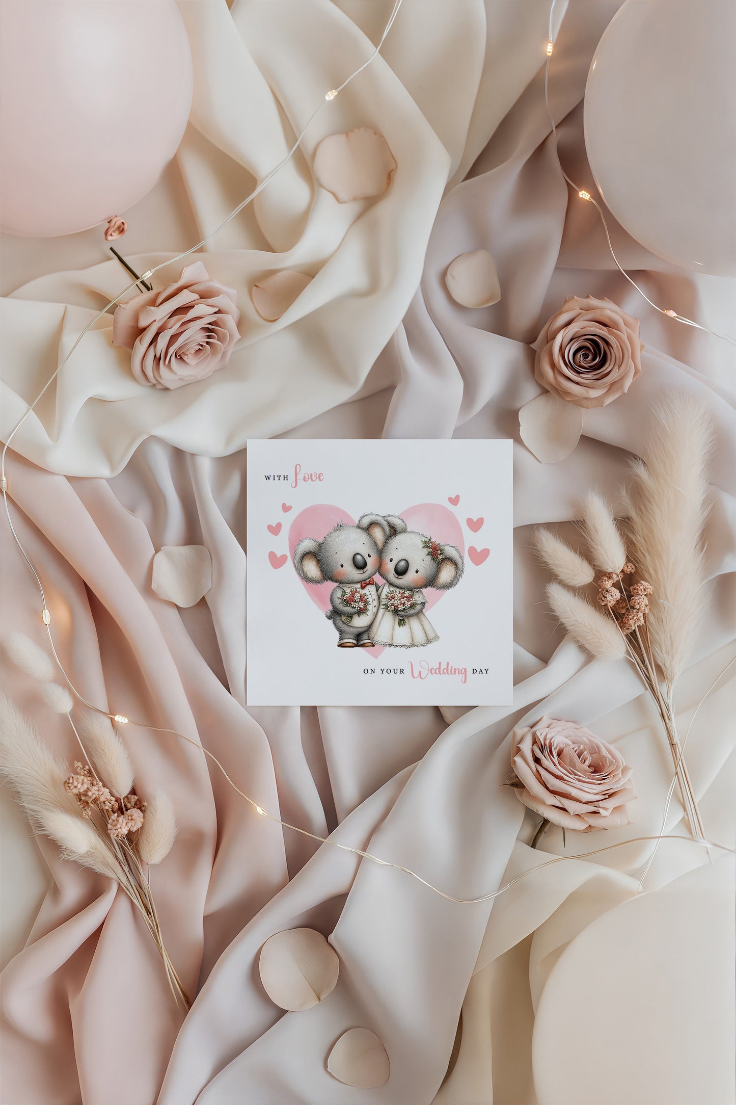 Cute Koala Wedding Card – Wedding Congratulations Card – Adorable Animal Wedding Card – Romantic Wedding Day Card for Newlywed couples, Animal Lovers, Him or Her – Pink Envelope Included