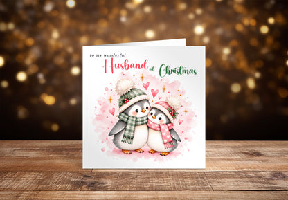 Merry Christmas Card for Husband  – Cute Penguin Couple Christmas Card