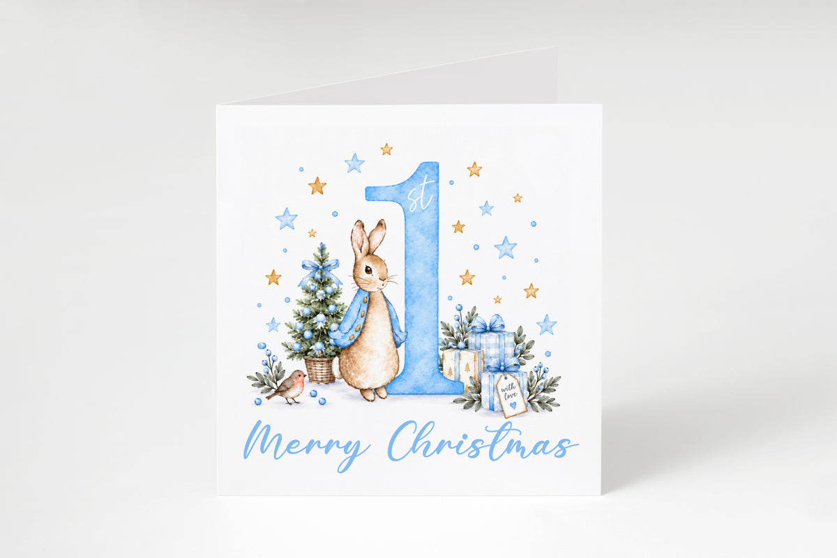 Merry Christmas Card for Baby Boys – Cute Blue Rabbit and Number 1