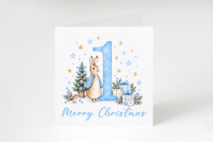 Merry Christmas Card for Baby Boys – Cute Blue Rabbit and Number 1