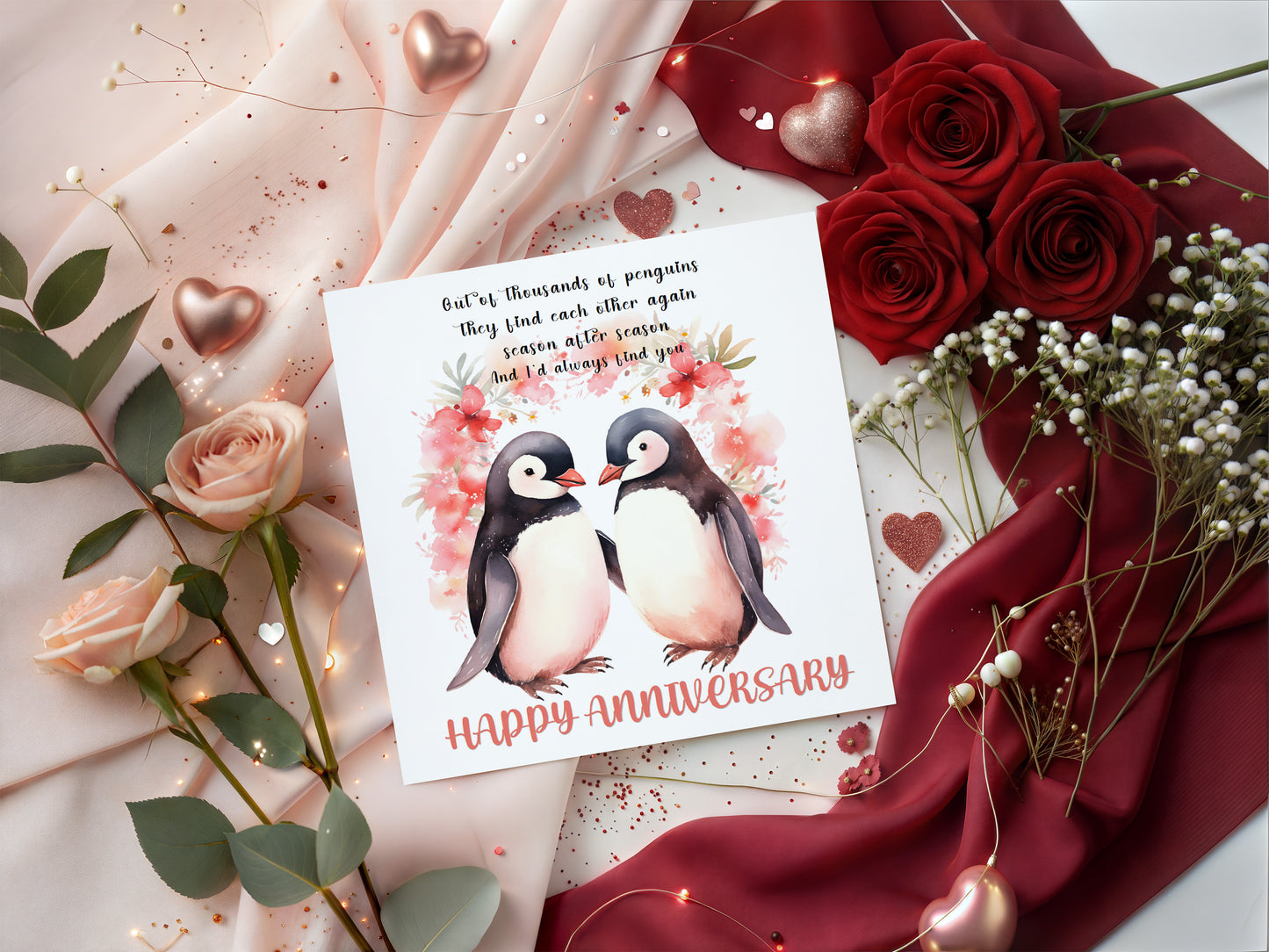 Romantic Penguin Couple Anniversary Card for Wedding, Dating, Relationship Milestones 1st, 2nd, 3rd, 5th, 10th, 20th 30th - For Him, Her, Wife, Husband, Couples - Red Envelope Included