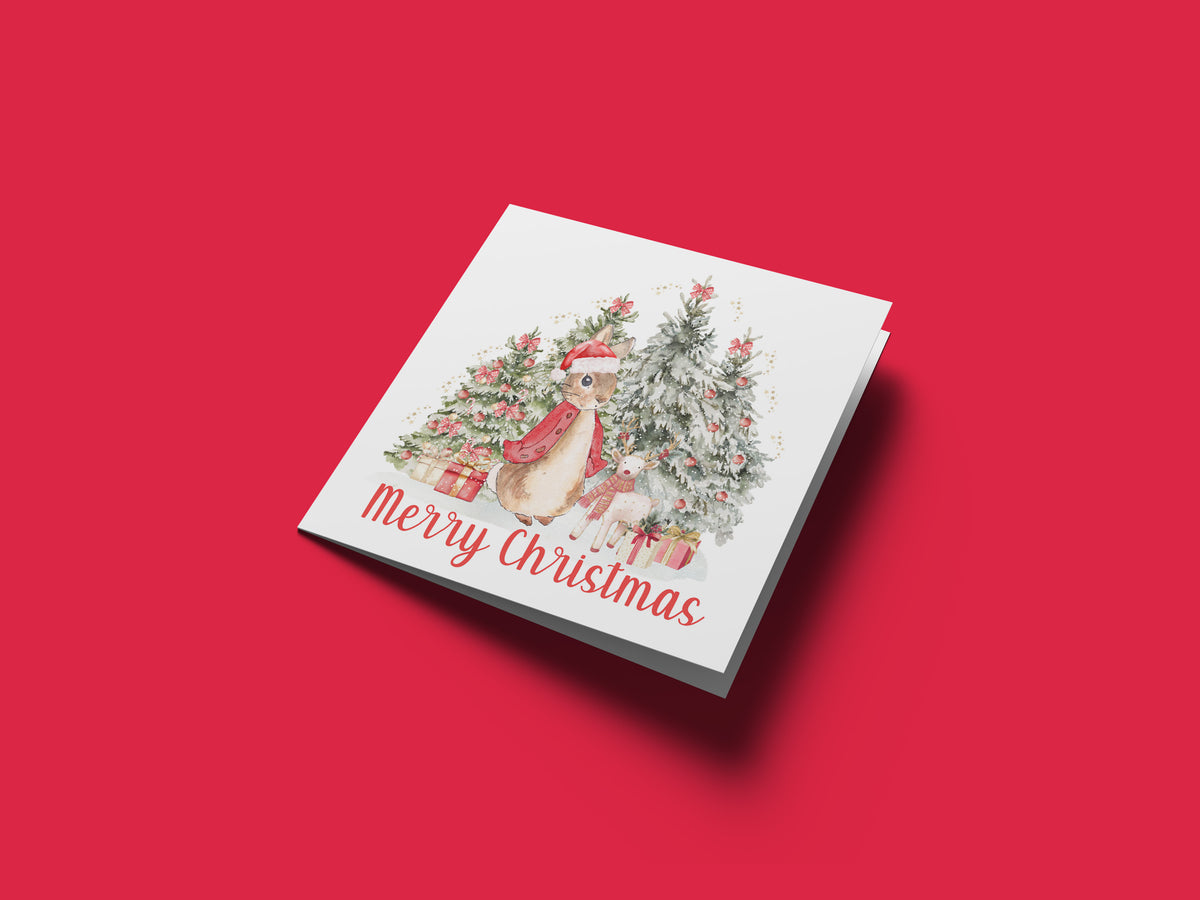 Happy Christmas Card for Girls – Red Rabbit and Christmas Trees