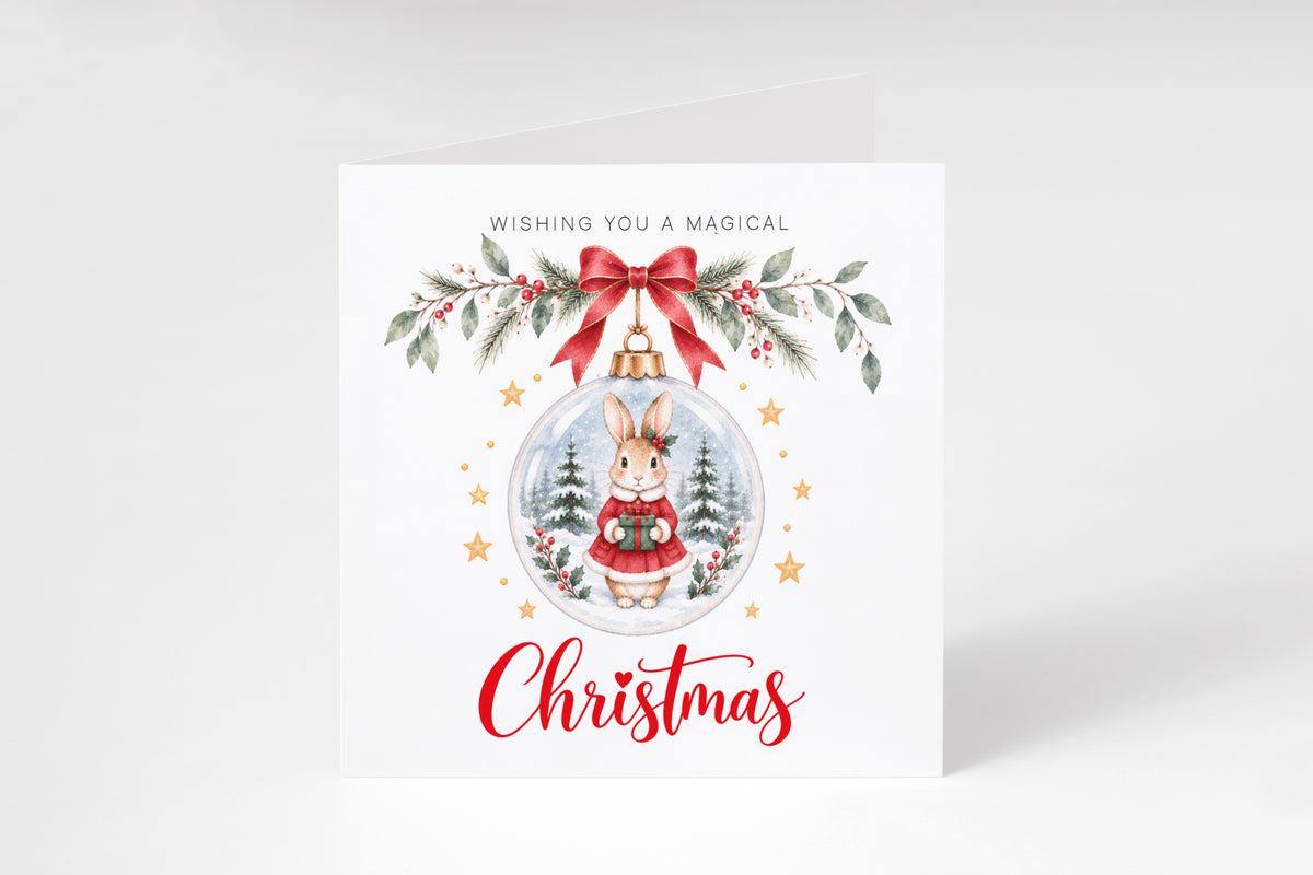 Festive Christmas card for Girls – Red Bunny in a Christmas Bauble