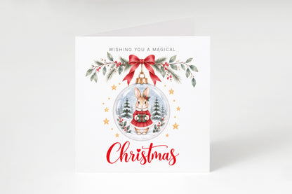 Festive Christmas card for Girls – Red Bunny in a Christmas Bauble