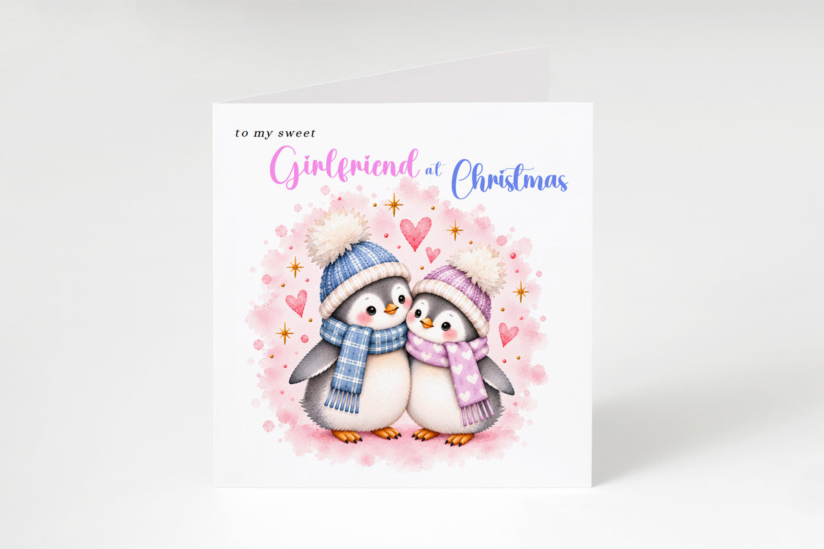 Merry Christmas Card for Girlfriend  – Cute Penguin Couple Christmas Card