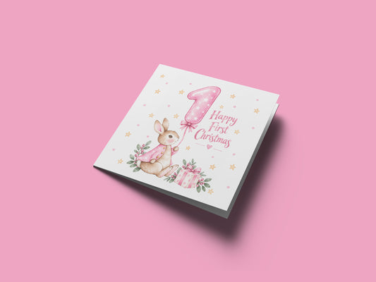 Happy Baby Girl's First Christmas Card – Pink Cute Bunny Design
