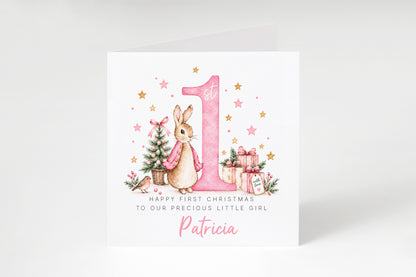 Personalised Christmas Card for Baby Girls – Cute Pink Rabbit and Number 1
