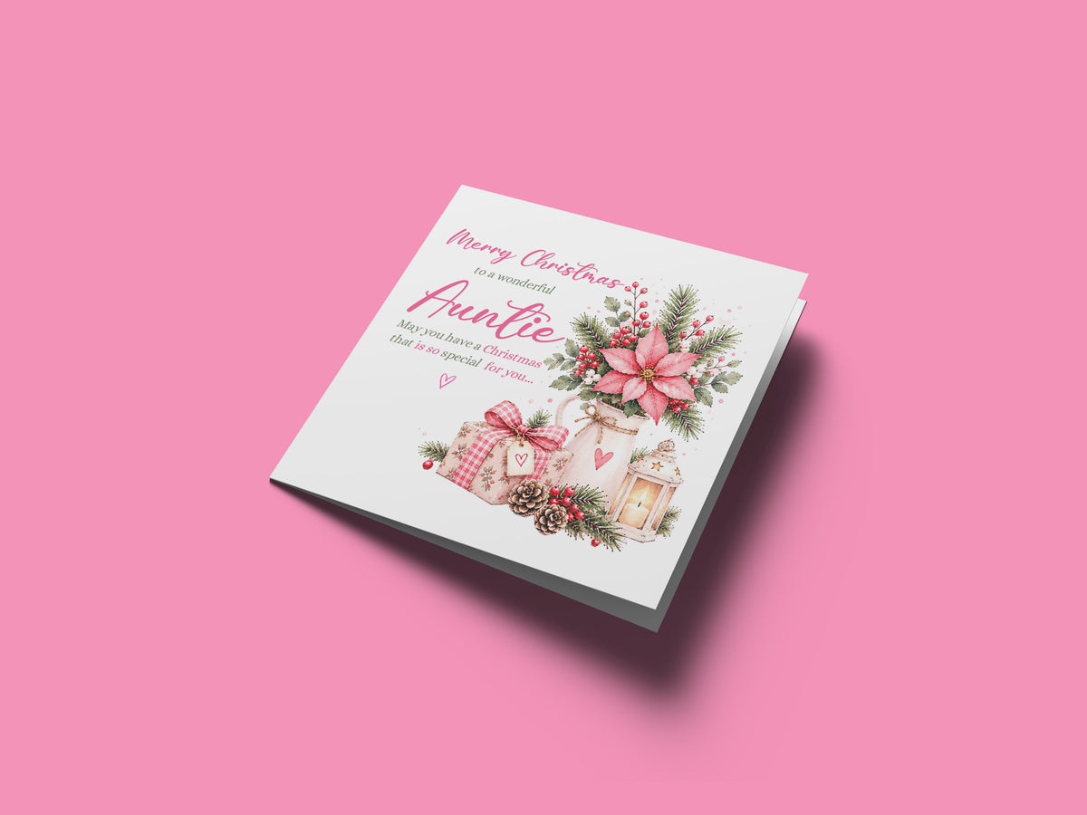 Christmas Card for Auntie – Pink Poinsettia & Festive Floral Design