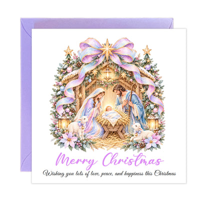 Pastel Nativity Christmas Card – Lilac & Pink Baby Jesus Greeting