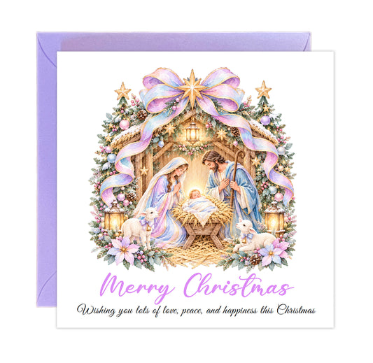 Pastel Nativity Christmas Card – Lilac & Pink Baby Jesus Greeting