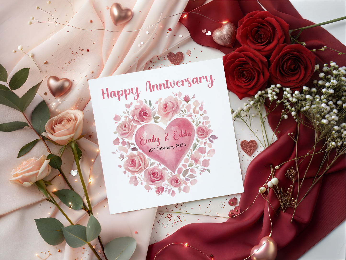 Personalized Anniversary Card – Romantic Floral Heart Design with Customised Names and Date– for Couples, Husband, Wife, Relationship, Engagement, 1st Date – Pink Envelope Included