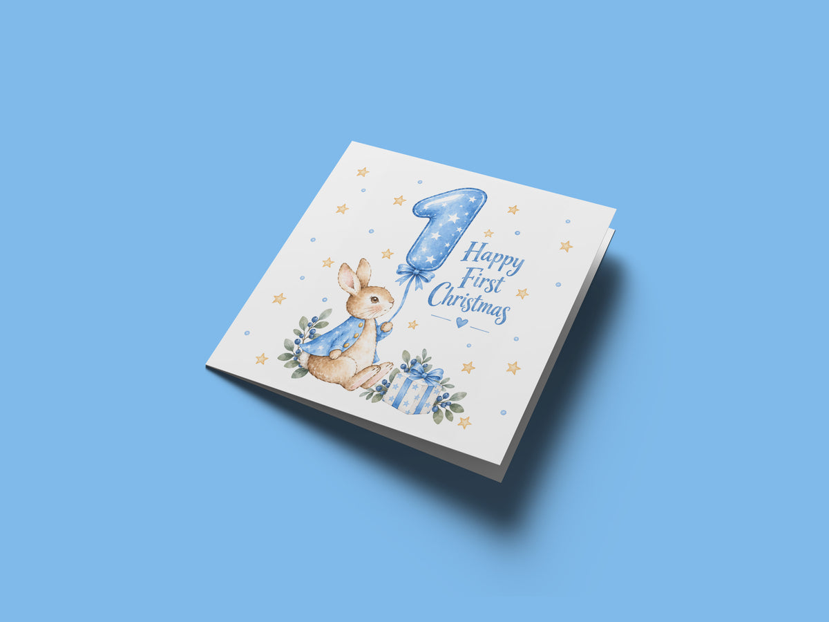 Happy Baby Boy's First Christmas Card – Blue Cute Bunny Design
