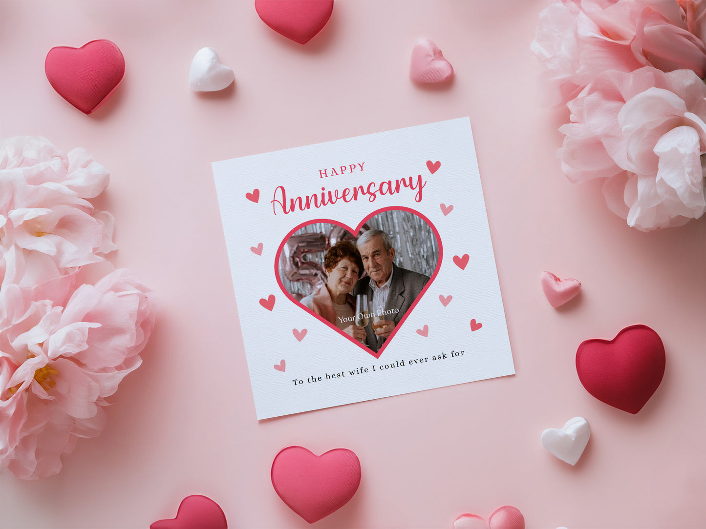 Personalised Photo Anniversary Card - Heart-shaped Photo Frame Design - Custom Message & Photo for Wedding, Dating, Relationship Milestone, Wife, Husband, Partner, Couple - Red Envelope Included