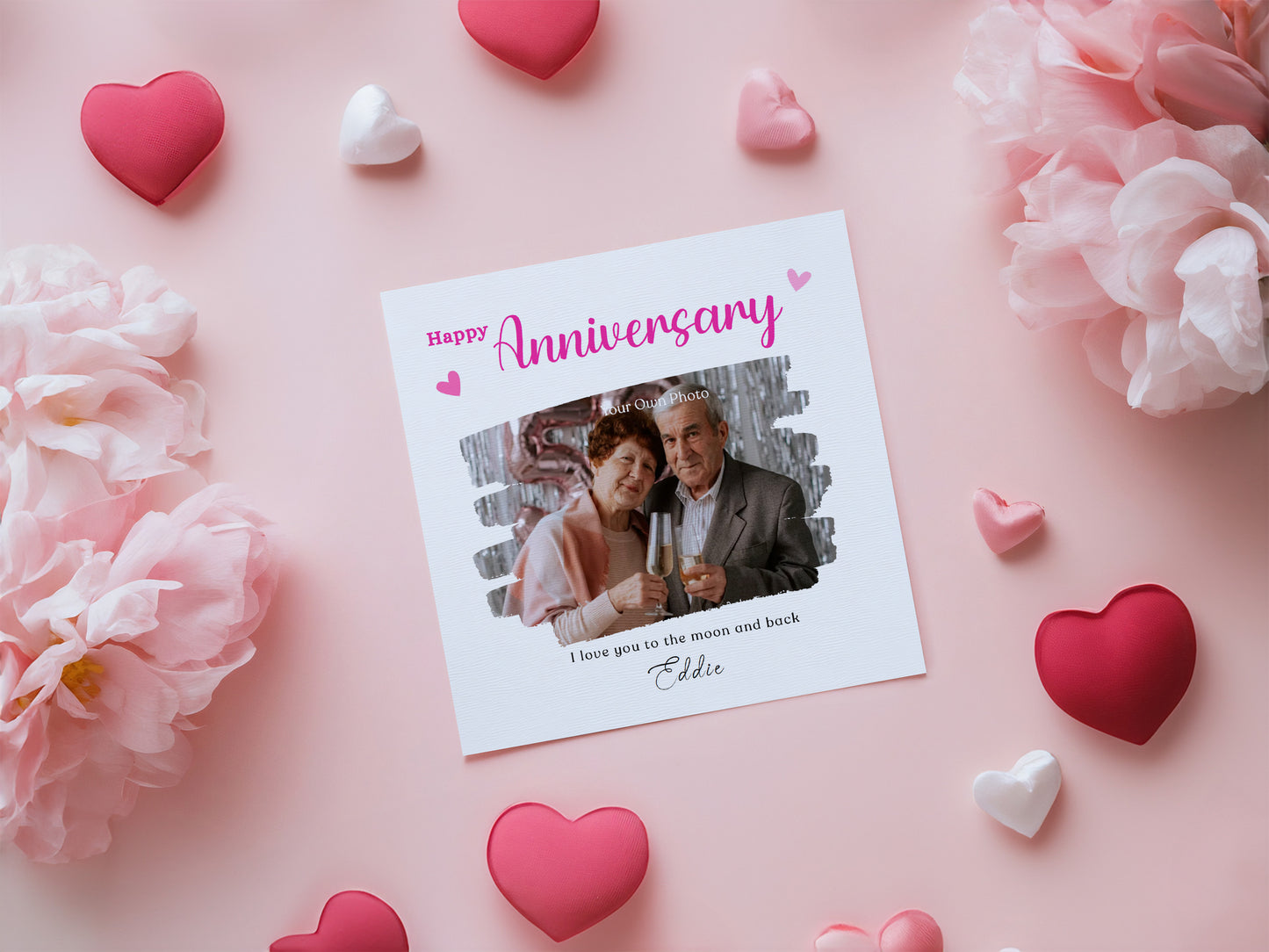 Personalised Photo Anniversary Card - Paintbrush Photo Frame Design - Custom Message, Name & Photo for Wedding, Relationship Milestone, Him, Her, Wife, Husband, Couple - Pink Envelope Included