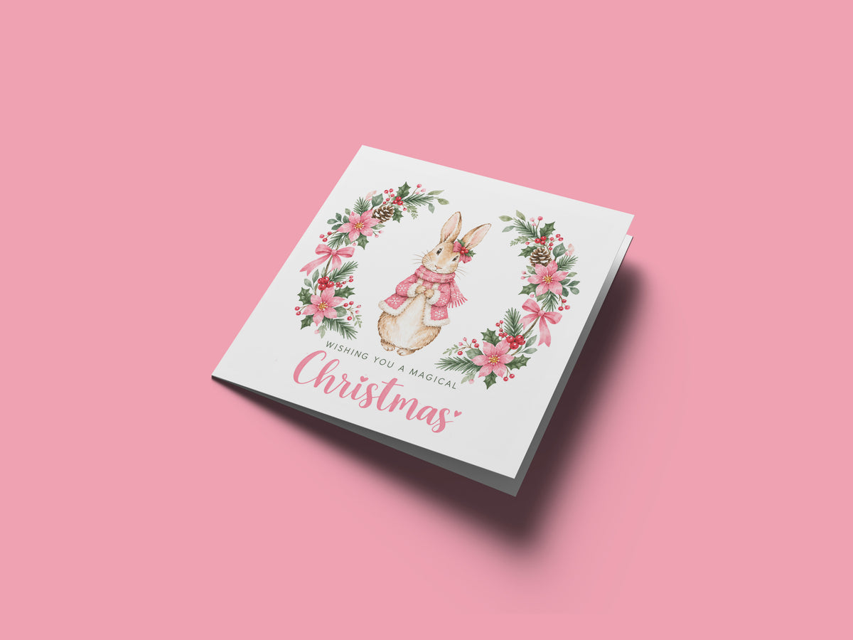 Merry Christmas Card for Girls – Pink Festive Bunny and Xmas Wreath