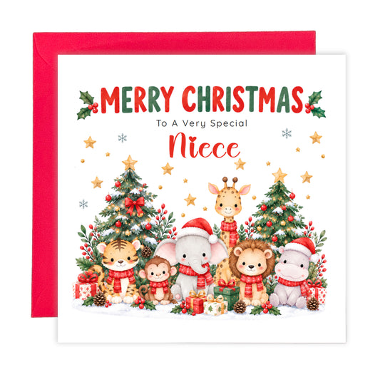 Jungle Animals Christmas Card for Niece - Cute Safari Animals Design