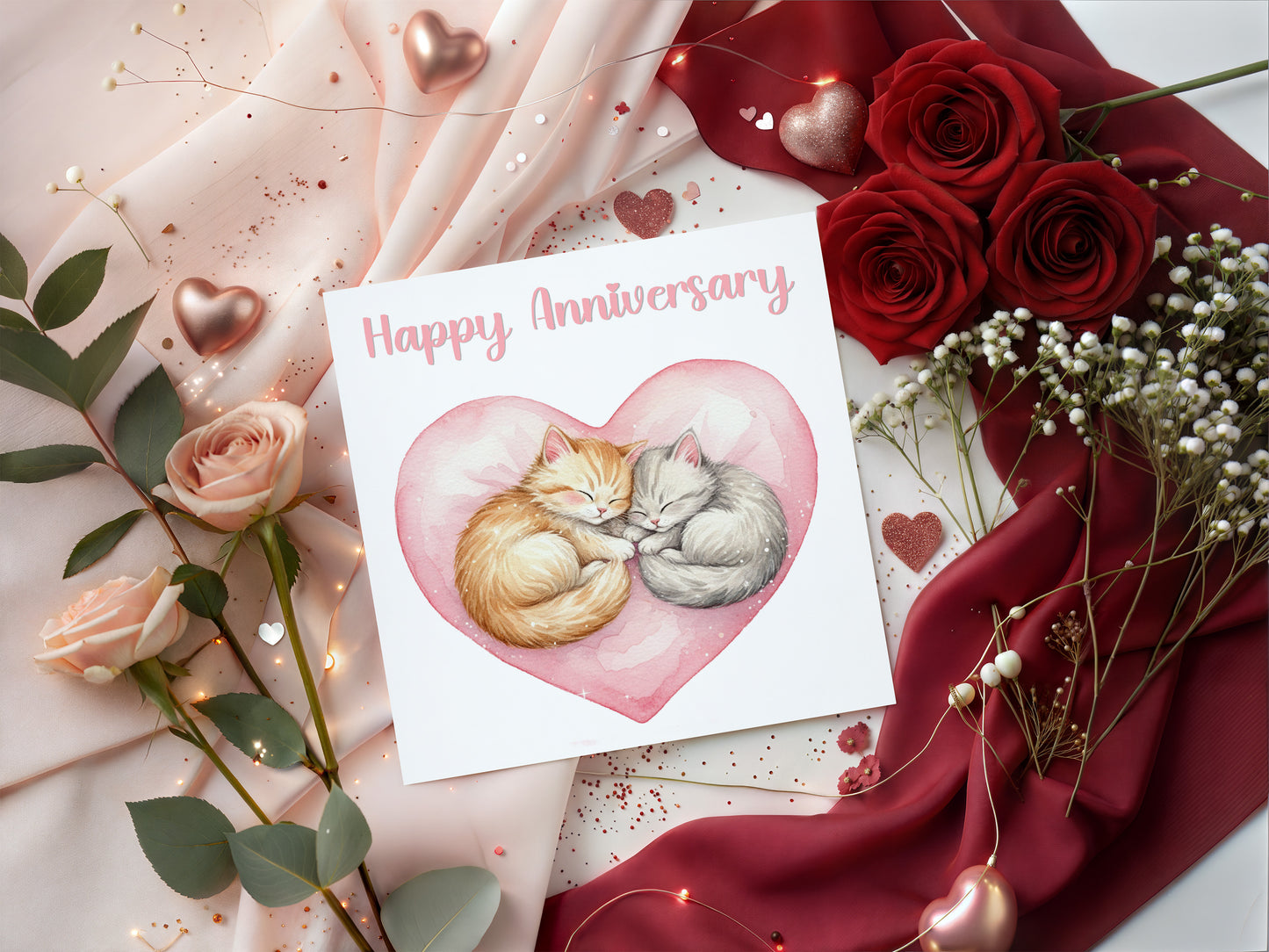 Cute Cats Anniversary Card - Romantic Love Card for  Wedding, Dating, Relationship Milestones1st, 2nd,10th - For Cat Lovers, Him, Her, Wife, Husband, Partner, Couples - Pink Envelope Inclided