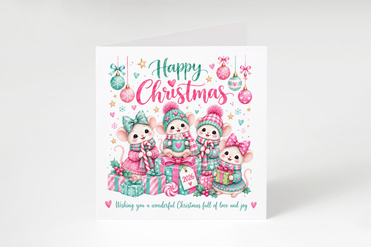 Cute Christmas Card for Girls – Christmas Mice with Pink & Mint Festive Design
