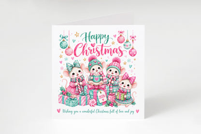 Cute Christmas Card for Girls – Christmas Mice with Pink & Mint Festive Design