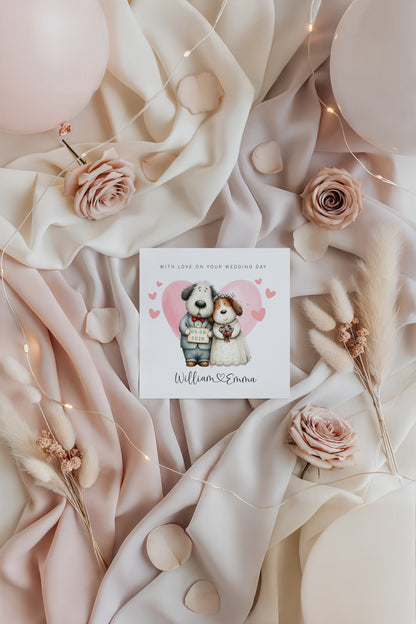 Personalised Wedding Card –with Custom Couple's Names & Wedding Date – Cute Dogs Design - Wedding Congratulations Card for Newlywed couples, Dog Lovers, Him or Her - Pink Envelope Included