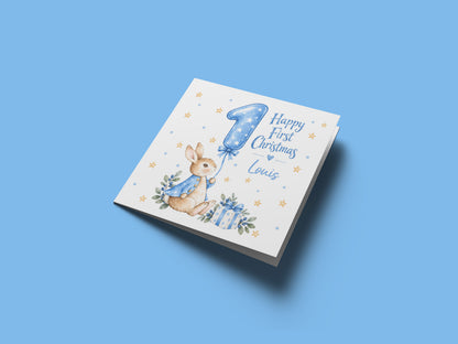 Personalised Baby Boy’s First Christmas Card – Blue Cute Bunny Design