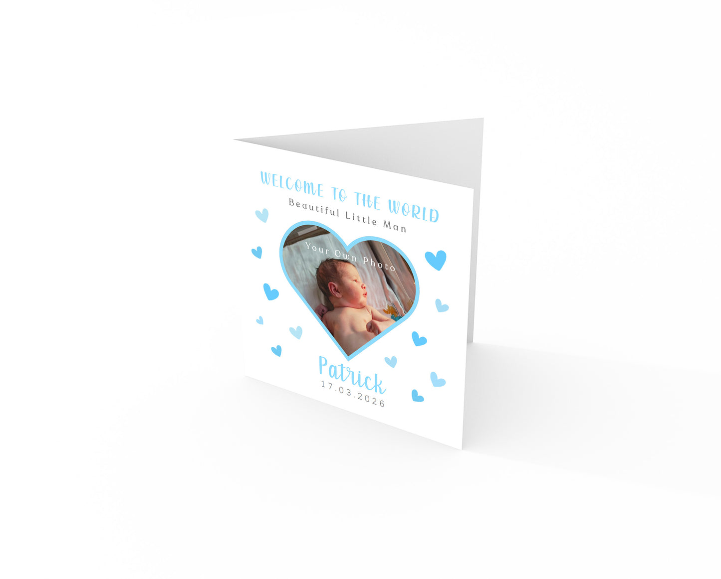 Personalised Photo New Baby Boy Card Congratulations for Newborn Boy, Welcome To The World Card, Baby Shower for Son, Grandson, Nephew, Heart Design with Custom Name, Date and Photo with Blue Envelope