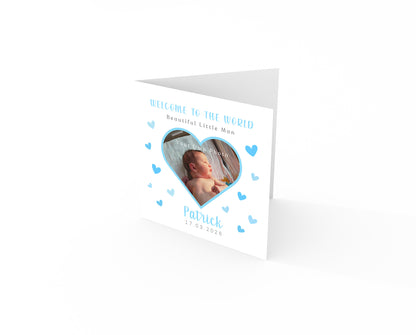 Personalised Photo New Baby Boy Card Congratulations for Newborn Boy, Welcome To The World Card, Baby Shower for Son, Grandson, Nephew, Heart Design with Custom Name, Date and Photo with Blue Envelope