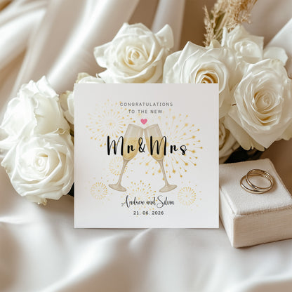 Personalised Mr & Mrs Wedding Card with Custom Couple's Name & Wedding Date – Champagne Toast Design - Wedding Congratulations Card for Newlywed couples, Him or Her - Kraft Envelope Included