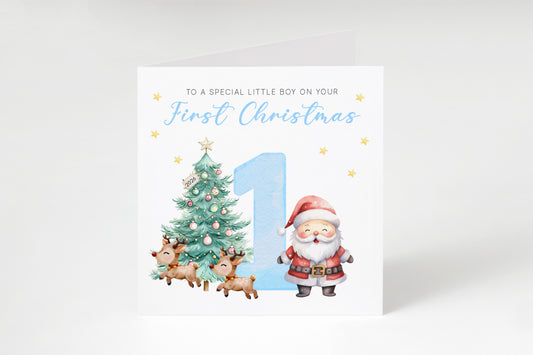 Happy 1st Christmas Card for Baby Boy – Cute Santa, Reindeer and  Christmas Tree Design - Watercolor First Xmas Card for Son, Grandson, Nephew - Blue  Envelope Included