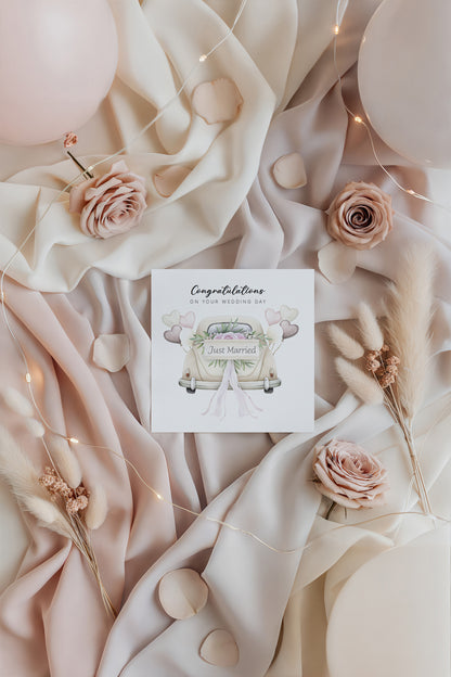 Elegant Wedding Car Wedding Card - Romantic Wedding Congratulations Card for Newlywed Couples, for Him or for Her - Kraft Envelope Included